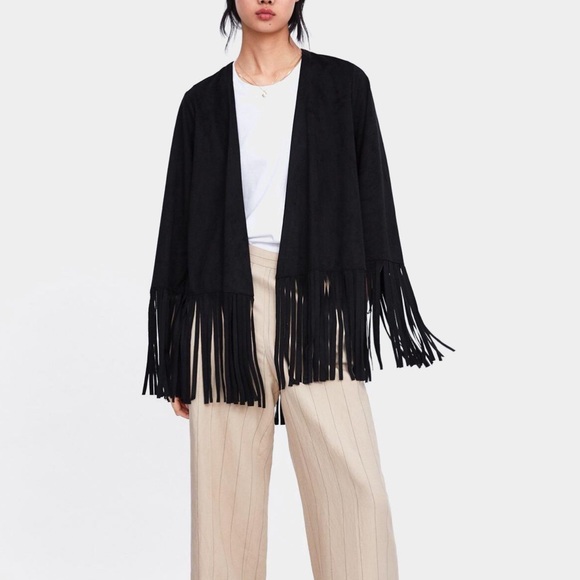 Zara Jackets & Blazers - Zara Black Suede Fringe Cardigan